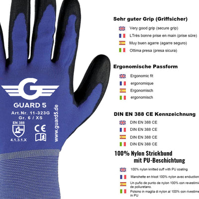 GUARD 5 - Arbeitshandschuhe (12/24 Paar) Nylon-Strickhandschuhe mit PU-Beschichtung