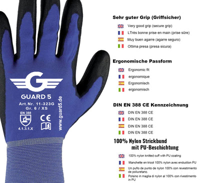 GUARD 5 - Arbeitshandschuhe (12/24 Paar) Nylon-Strickhandschuhe mit PU-Beschichtung